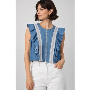 KARINA GRIMALDI | Revolve Ladder Stitch Chambray Denim Ruffle Top, Size Medium